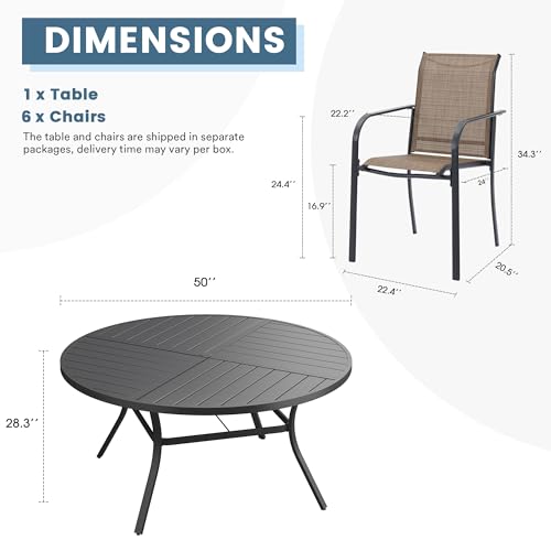 DIFY 7 Pieces Outdoor Patio Dining Set for 6, 50" Black Round Metal Dining Table and 6 Brown Stackable Sling Dining Chairs, Outdoor Table and Chairs for Lawn Garden Backyard Deck