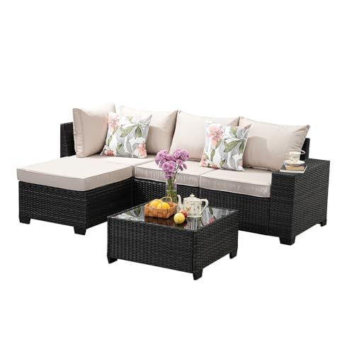 SunloungeCo 5 Pieces Outdoor Patio Furniture Set, Wicker Conversation Sets with Tea Table, Rattan Patio Sofa with Thick Cushions for Garden, Backyard, Poolside, Party, Beige