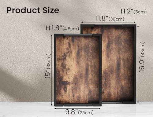 Fibogollo Wooden Set of 2 Serving Tray with Metal Handles,Ottoman Decorative Trays Platter for Coffee Table,Living Room,Bar,Party