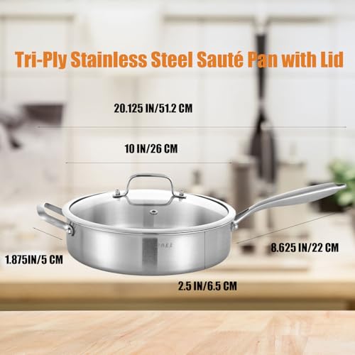 Inqibee 3 Quarts Tri-Ply Stainless Steel Sauté Pan with Lid, 10 inch Induction Cookware Deep Frying Pan Cooking Skillet, Induction Compatible, All Cooktops, Dishwasher and Oven Safe