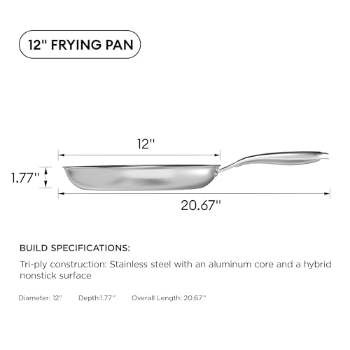 COOKER KING 12-Inch Stainless Steel Pan, Hybrid Nonstick Frying Pan, Skillet, 3-Ply Clad Cookware, Even Heat Distribution, Dishwasher & Oven Safe, with Stay-Cool Handle, Induction Compatible