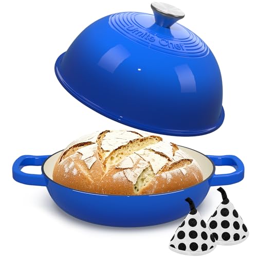 Enamelled Cast Iron Dutch Oven Pot – Dutch Oven Pot with Lid For Sourdough Bread Baking – Cast Iron Bread Oven – Dark Blue, Umite Chef 6QT Pot with Lid & Cotton Potholders