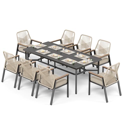 SUNSHINE VALLEY 9pc Patio Dining Set, 83" Metal Table & 8 Rattan Chairs