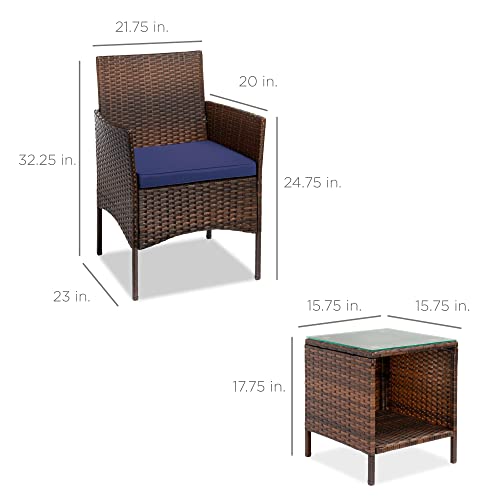 Best Choice Products 3-Piece Outdoor Wicker Conversation Bistro Set, Space Saving Patio Furniture for Garden w/Side Table - Brown/Navy