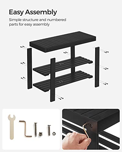 SONGMICS Shoe Rack Bench, 3-Tier Bamboo Shoe Storage Organizer, Entryway Bench, Holds Up to 286 lb, 11.3 x 27.6 x 17.8 Inches, for Entryway Bathroom Bedroom, Ink Black ULBS04H