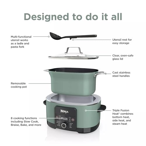 Ninja MC1001H Foodi PossibleCooker PRO 8.5 Quart Multi-Cooker, 8-in-1 Slow Cooker, Pressure Cooker, Dutch Oven & More, Glass Lid & Integrated Spoon, Nonstick, Oven Safe to 500°F, Sage Green (Renewed)