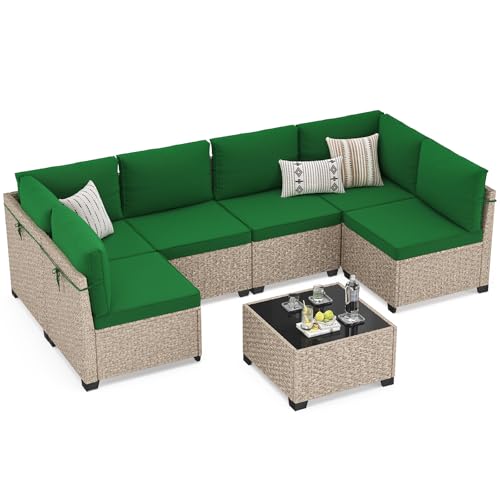 Soohow 7-Piece Patio Furniture Set, Outdoor Sectional All-Weather Wicker Patio Conversation Set for Garden, Porch, Backyard - Green Cushions