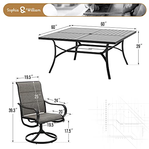 Sophia & William Patio Furniture Set Large Square Dining Table for 8 with Swivel Chairs Padded Textilene 9 Pieces Outdoor & Lawn Garden All Weather, Grayish Brown-padded Textilene, 60''