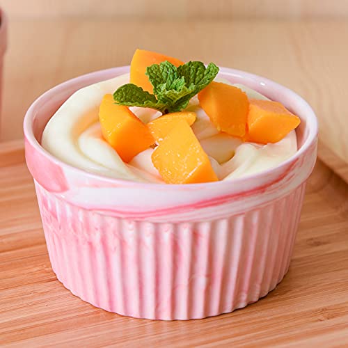 Yundu 4.5 Ounce Pink Marble Ceramic Ramekins - Perfect for Creme Brulee, Oven Safe Baking Bowls - Set of 6
