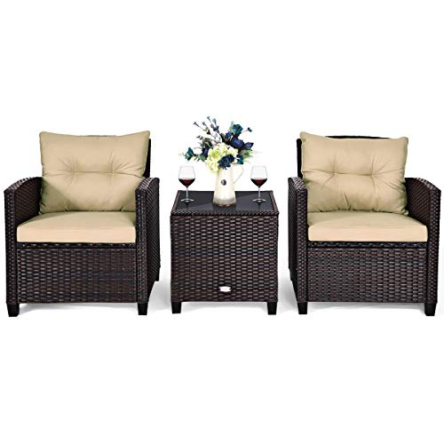 Tangkula 3 Pieces Patio Furniture Set, PE Rattan Wicker 3 Pcs Outdoor Sofa Set w/Washable Cushion and Tempered Glass Tabletop, Conversation Furniture for Garden Poolside Balcony (Beige)