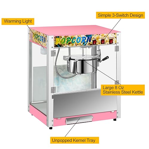 Commercial Popcorn Machine with 8 Oz Kettle, 850 W Countertop Popcorn Maker for 48 Cups per Batch, Theater Style Popper with 3 Switch Control Steel Frame Tempered Glass Doors (pink, 8OZ)