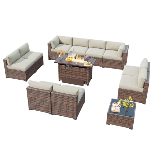 LazySunsets 12 Piece Outdoor Patio Furniture Set with 44'' Fire Pit Table, Outdoor Patio Furniture Sets with 4'' Thicken Cushion, Wicker Rattan Outdoor Conversation Set for Backyard & Garden, Beige