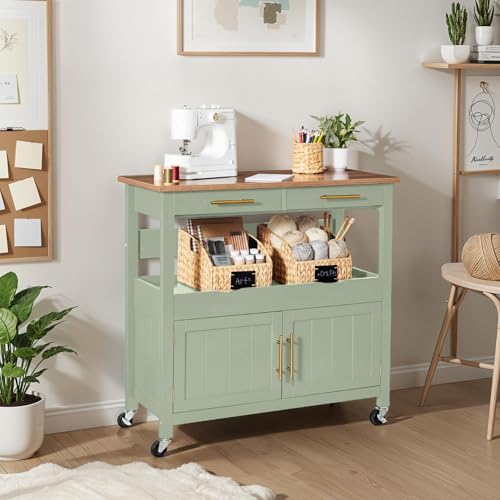 Best Choice Products 36in Large Rolling Kitchen Island Cart, 2-Door Cabinet, 2 Drawers, Pull-Out Shelf, Power Outlet, Hooks, & Swivel Lockable Wheels - Pistachio Green