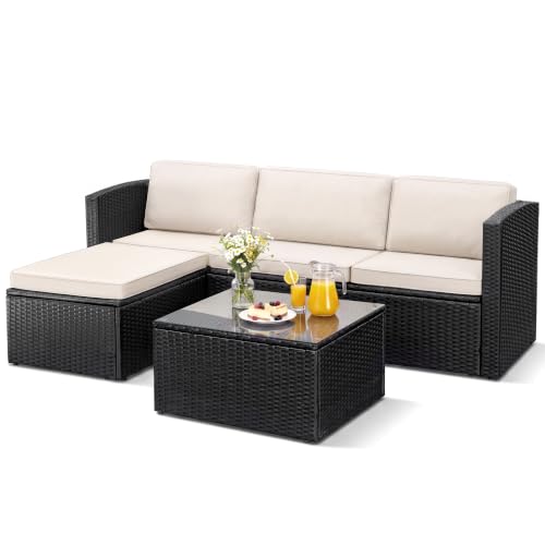 Greesum 3 Piece Patio Furniture Set Outdoor Wicker Rattan Sectional Sofa with Adjustable Seat, Soft Cushions & Coffee Table for Yard, Garden, Porch, Poolside, Beige