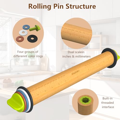 Aguegro Rolling Pin with Adjustable Thickness Ring, Dough Thickness for Baking, Fondant, Pizza, Crust, Cookies, Pastry, 13.6'' Wooden Rolling Pin with 4 Multi-Color Thickness Rings