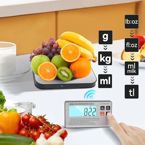 SHGMEET Food Scale- Wireless Separated, 33 lb Digital Kitchen Split Scales Weight Grams and Ounces for Baking Cooking and Meal Prep, LCD Display, 7 Units with Tare Function (Batteries Included)