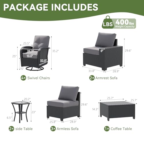 LazySunsets 12 PCS Patio Furniture Set, Outdoor Sectional All-Weather Wicker Conversation Set with Swivel Rocker Chairs, 4'' Thick Cushions for Backyard Poolside(Crey/Black)