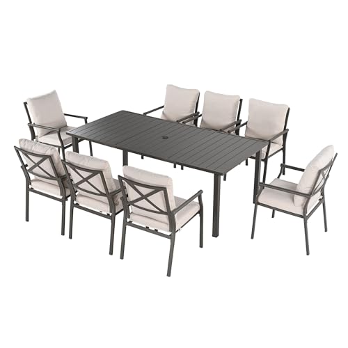 HAPPATIO Patio Dining Set, Metal Outdoor Table and Chairs Set for 8, Powder-Coated Metal Chairs with Thickened Cushions, 60" Rectangular Table with 1.5" Umbrella Hole for Deck Yard Lawn