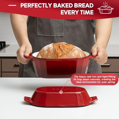 Enameled Cast Iron Dutch Oven for Bread Baking – 3QT Oval Round Heavy Duty Bread Pan with Lid, Non-Stick Ceramic Coating,Loaf Cast Iron Bread Oven for Sourdough, Baking, Roasting, Braising, Stovetop & Oven Safe