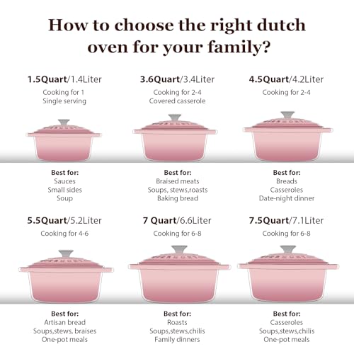 Overmont Enameled Cast Iron Dutch Oven - 4.5QT Pot with Lid Cookbook & Cotton Potholders - Heavy-Duty Cookware for Braising, Stews, Roasting, Sourdough Baking pink