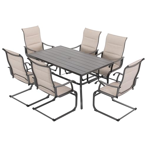 NUU GARDEN 7-Piece Outdoor Patio Dining Set - 6 Textilene Dining Chairs & 60.6" Table with Umbrella Hole, Weather-Resistant Furniture for Yard Porch Poolside Garden, Beige