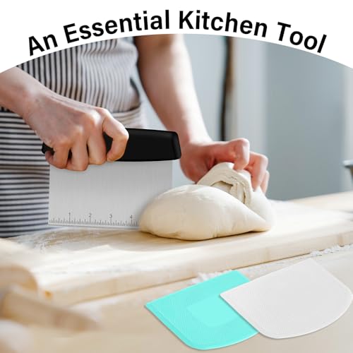 Ecavria Bench Scraper, Premium Stainless Steel Dough Scraper with 2 PCS Flexible Bowl Scraper, Dough Cutter with Measuring Scale, Versatile Kitchen Scraper Set for Pastry Bread Pizza Cake
