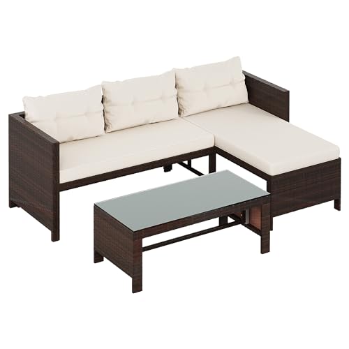 Shintenchi 3 Pieces Outdoor Patio Furniture Set, Wicker Patio Conversation Set, All Weather Wicker Rattan Patio Seating Sofas with Glass Coffee Table and Cushion, Beige