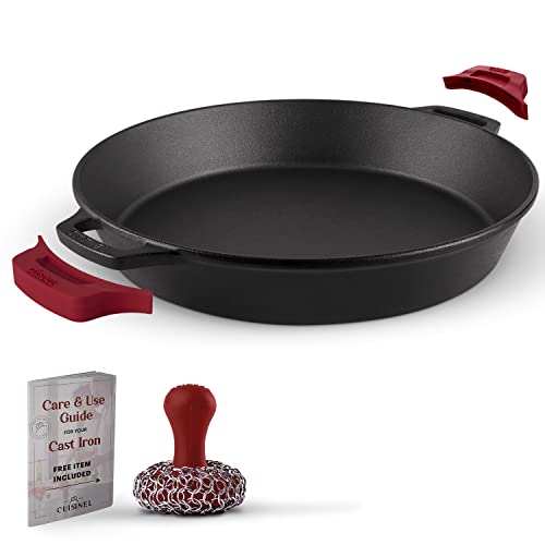 Cuisinel Cast Iron Skillet + Chainmail Scrubber - 15"-Inch Pre-Seasoned Dual Handle Braiser Frying Pan + Silicone Handle Covers - Oven, Grill, Stovetop, Fire, Kitchen Cookware - Indoor/Outdoor Use