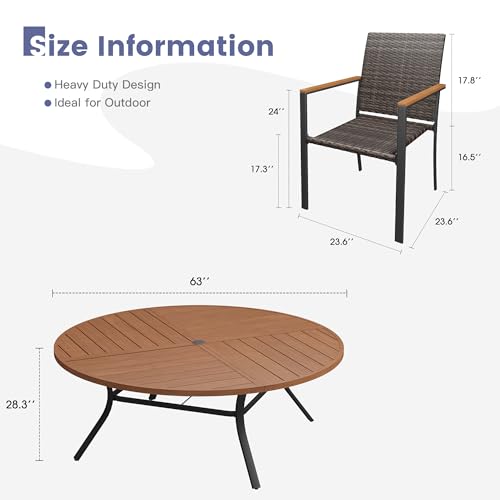 VICLLAX Round Patio Table and Chairs, 11 Pieces Outdoor Dining Set of Metal Patio Table with Storage Shelf and 10 Wicker Patio Stackable Chairs for Porch Yard Garden, Walnut Tabletop