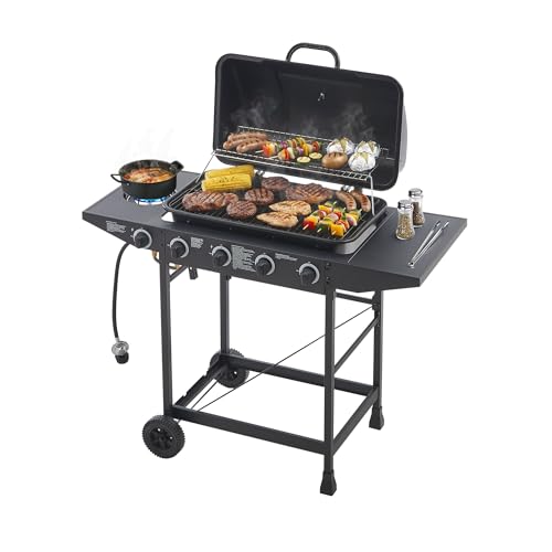 4 Burner Gas Grills, Outdoor Cooking Propane Gas Grills with Side Burner 24000 BTU, BBQ Propane Gas Grill with Enameled Grates & Side Tables for Kitchen Patio Backyard (4 Burner)