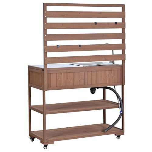 LUMISOL Outdoor Rolling Kitchen Cart with Sink and 2 Movable Shelves, Potting Bench Table with Stainless Table Top, 41.7'' Large Solid Wood Garden Workstation with 1 Bottle Opener, Brown