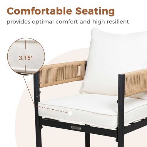 Grand patio 5-Piece Outdoor Dining Set for 4, Metal Woven Wicker Fixed Patio Chairs with Thickened Cushions & 1 Square Woodgrain Dining Table with Umbrella Hole for Backyard Deck (Natural)