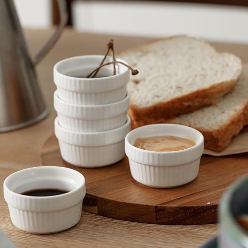 Feenmai Ramekins 2 oz Oven Safe - Ceramic Creme Brulee Ramekins Set of 6, Small Desserts Baking Bowls, Porcelain Souffle Dishes Pudding Custard Cups, White Dipping Bowls - RAMEKIN DISH
