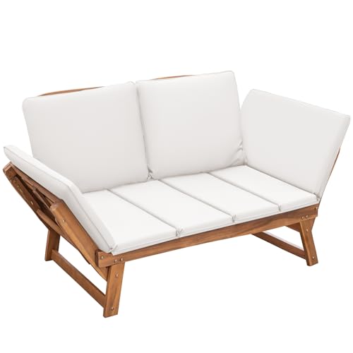 Devoko Outdoor Couch Acacia Wood Patio Couch with Adjustable Armrests, Outdoor Convertible Sofa with Removable Cushions & Pillows for Patio, Porch, Poolside(White)