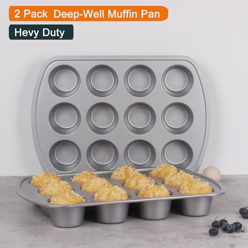 wivplik Deep Well Muffin Pan - 12-Cup 2-Pack, 1.77-Inch Deep Cups (50% More Batter), Heavy Duty Carbon Steel with Nonstick and Non-Toxic Coating, 15.9 x 11.1 Inches