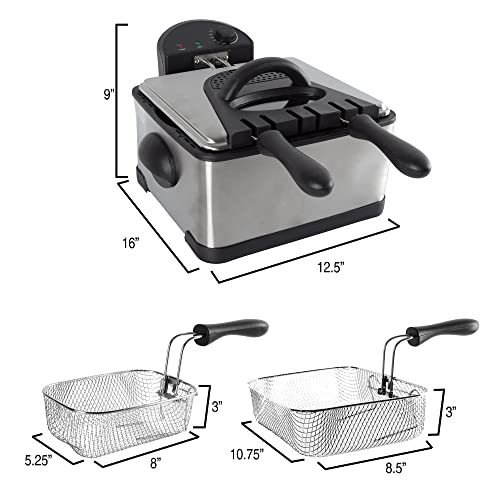 Deep Fryer - 4-Liter Electric Oil Fryer - 1 Large Basket and 2 Small for Dual Use - Stainless-Steel Cooker with Cool Touch Feature, See-Through Lid and Double Odor Filter Technology by Classic Cuisine
