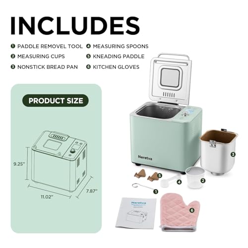 Neretva Bread Maker, 20-in-1 2LB Bread Machine Dual Heater & Nonstick Ceramic Pan Bread Makers Machine All Metal Compact for Gluten Free/Dough Maker/Meat Floss/Jam/Yogurt/Breadmaker Recipe-Light Green