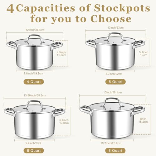 Leonyo 6QT Stock Pot with Lid, Stainless Steel Soup Pasta Pot for Home Kitchen Restaurant, Tri-Ply Bottom Stockpot for Canning, Boiling, Simmer, Dishwasher Safe