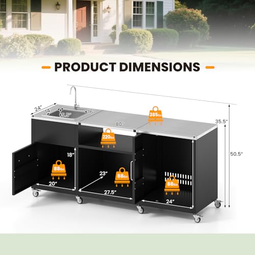 Happygrill 80” Outdoor Grill Table with Sink & Drainage, Heavy Duty Metal Grill Cart w/Cabinet & Removable Stainless Steel Top, Portable Prep Cooking Table w/Wheels for BBQ, Patio, Camping & Backyard
