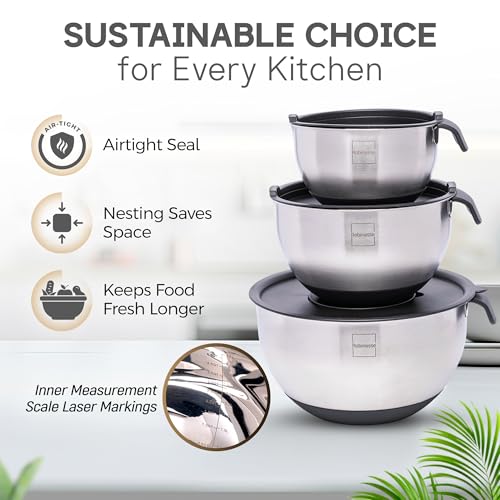 Robinesse Stainless Steel Mixing Bowls Set of 3, Large Nesting Bowls with Airtight Lids for Food Prep, Cooking, Baking, Salad, and Outdoor Dining (Black, 3 Pcs)