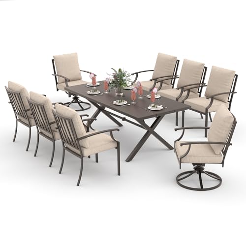ALAULM 9-Piece Patio Dining Table and Chairs for 8 Outdoor Dining Set with 2 Swivel Chairs Patio Dining Sets with Rectangular Metal Table with Umbrella Hole for Patio, Backyard, Garden-Sand