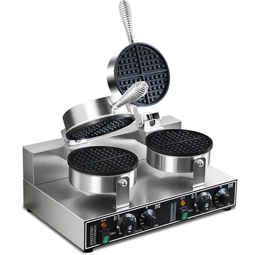 110V 2600W Commercial Double Waffle Maker,Non-Stick Commercial Waffle Baker,Stainless Steel Belgian Waffle Iron for Restaurant Party Food Stall, Bakery Snack Bar Family