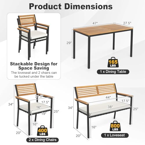 Tangkula 4 Piece Acacia Wood Outdoor Dining Set with 2 Stackable Armchairs