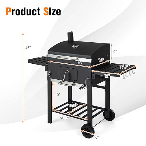 HAPPYGRILL Charcoal Grill, Heavy Duty Cooking Grill with 2 Foldable Side Tables, 8 Hooks, Storage Shelf, 2 Wheels, Flame Control, Outdoor BBQ Grill for Picnic Party Camping Backyard Patio
