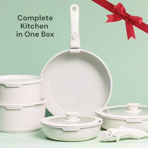 Pinnacle Cookery 15-Piece White Granite Nonstick Cookware Set – Detachable Handles & Tempered Glass Lids – Stackable & Cool-Touch - Induction & Oven Safe to 480°F - Scratch-Resistant, PFOA & PFOS-Free