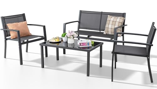 Shintenchi 4 Pieces Patio Furniture Set All Weather Textile Fabric Outdoor Conversation Set, with Glass Coffee Table, Loveseat, 2 Single Chairs for Home, Garden, Lawn, Porch(Gray)