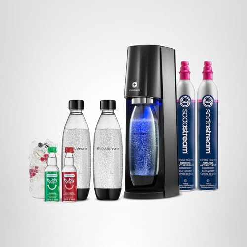 SodaStream - E-TERRA Soda Maker | VALUE BUNDLE | 3 Automatic Carbonation Levels | Includes 2x CO2 Cylinders, 3x 32 Fl Oz Dishwasher Safe Bottles, 2x Bubly Fruit Flavor Drops, 1x Power Adapter | Black
