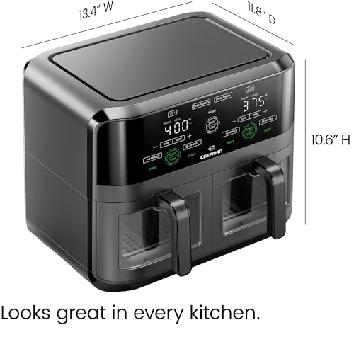 CHEFMAN 6 Quart Dual Basket Air Fryer Oven with Easy View Windows, Sync Finish, Hi-Fry, Auto Shutoff, 2 Independent 3Qt Nonstick Dishwasher Safe Frying Baskets, Digital Double Air Fryer - Black