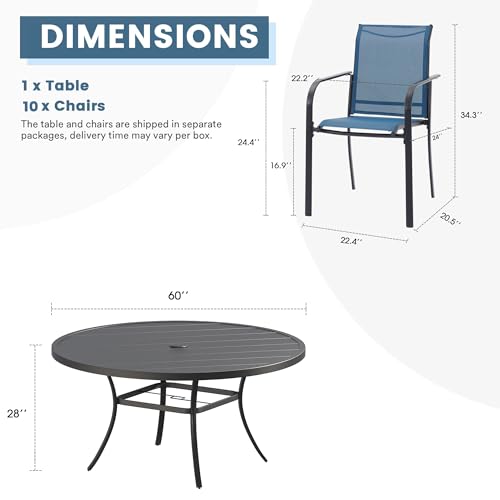 DIFY 11 Pieces Outdoor Patio Dining Set for 10, 60" Black Round Metal Dining Table and 10 Blue Stackable Sling Dining Chairs, Outdoor Table and Chairs for Lawn Garden Backyard Deck
