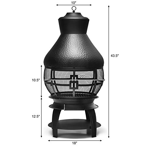 Giantex Wood Burning Chiminea, Heavy Duty Fireplace Chiminea Wooden Fire Pit with 2-Piece Log Grate, Premium Rain Cap & Fire Poker, 360°Fire Retardant Mesh Cover, Ideal for Garden, Patio, Backyard
